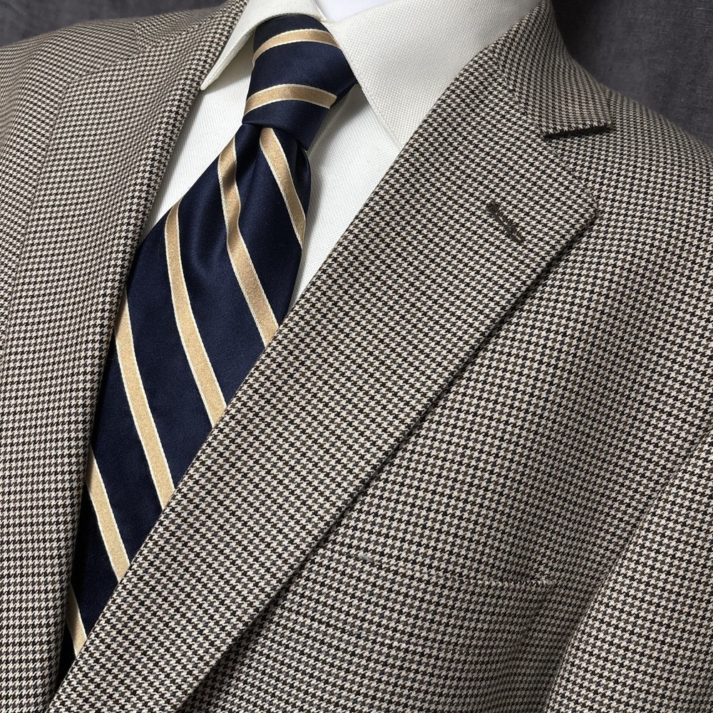 Stafford‎ Sport Coat 44L Tan Black Green Check Houndstooth Blazer Jacket Casual
